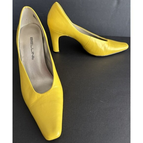 Bellini Buttery Leather Gold Bottom Silver Insole Nipped Toe Yellow 3.5" Heel 7M - Picture 1 of 12